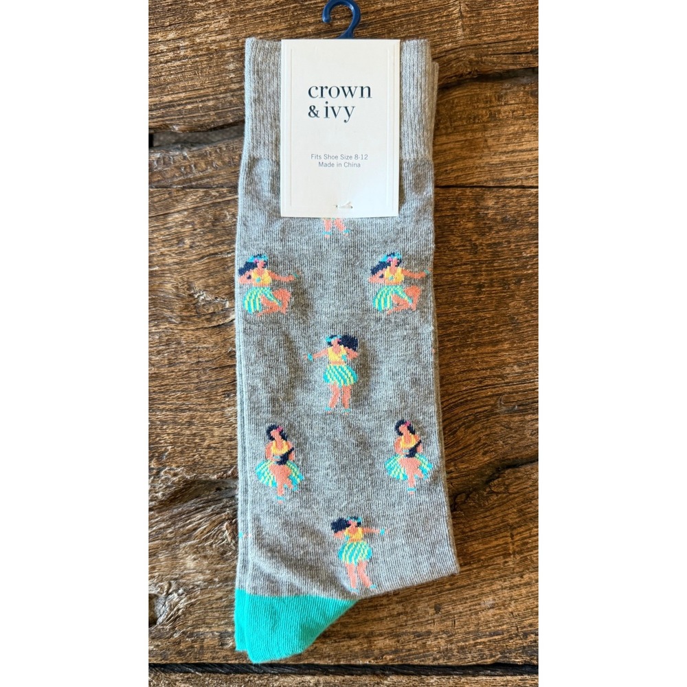 Men's Crown & Ivy SZ 8-12 Dancing Hula Girl Socks‎ Gray/Teal Preppy Tropical Fun